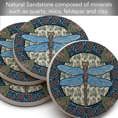 Thirstystone Apple Dragonfly 4 Pack Round Natural Sandstone Coasters with Protective Cork Backing Manufactured in The USA