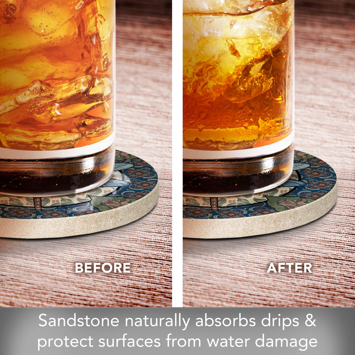 Thirstystone Apple Dragonfly 4 Pack Round Natural Sandstone Coasters with Protective Cork Backing Manufactured in The USA