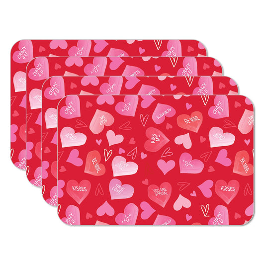 CounterArt Candy Hearts 4 Pack Easy Care Flexible Plastic Placemat Made in The USA BPA Free, Easily Wipes Clean