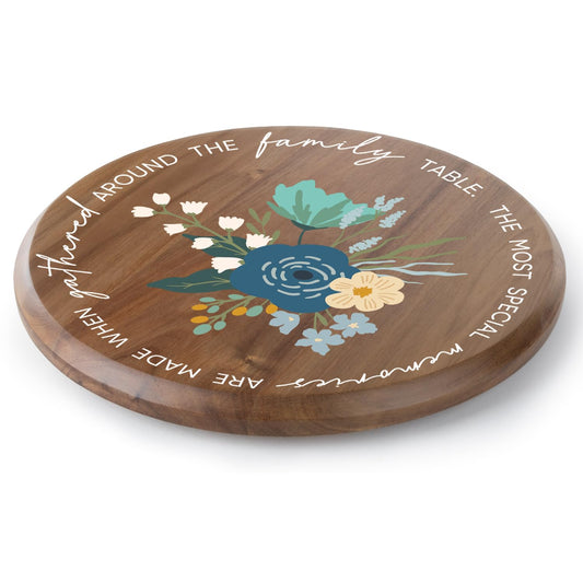 CounterArt Family Table Floral Round Acacia Wood Lazy Susan Turntable 14" Diameter for Serving Kitchen Organization Condiment Caddy