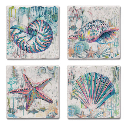 Thirstystone Jewels of The Sea 4 Pack Assorted Tumbled Tile Stone Coasters 4" Square