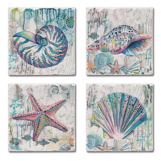Thirstystone Jewels of The Sea 4 Pack Assorted Tumbled Tile Stone Coasters 4" Square