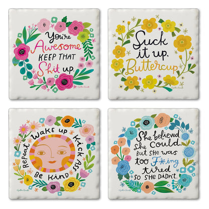 Thirstystone Garden of Sass 4-Pack Tumbled Tile Stone Coasters 4" Square