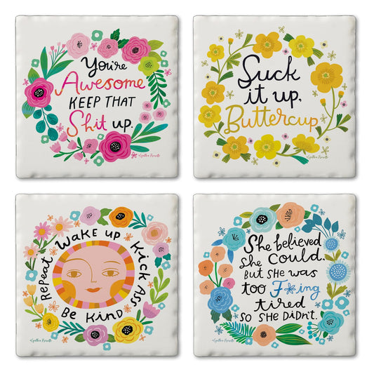 Thirstystone Garden of Sass 4-Pack Tumbled Tile Stone Coasters 4" Square