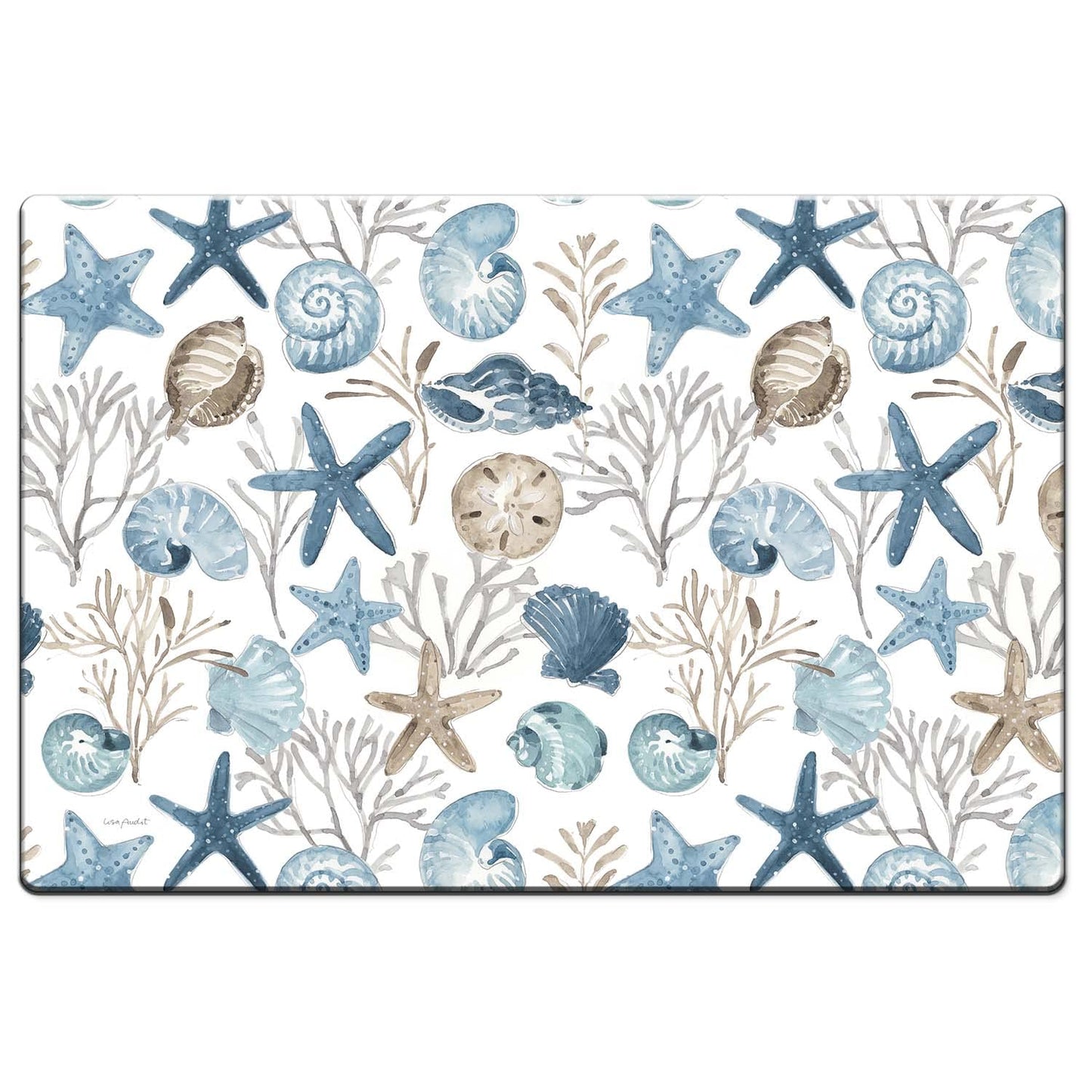 CounterArt Blue Shells 30” x 20” Decorative Vinyl Floor Mat Manufactured in The USA Waterproof Easy to Clean Textured Vinyl Backing