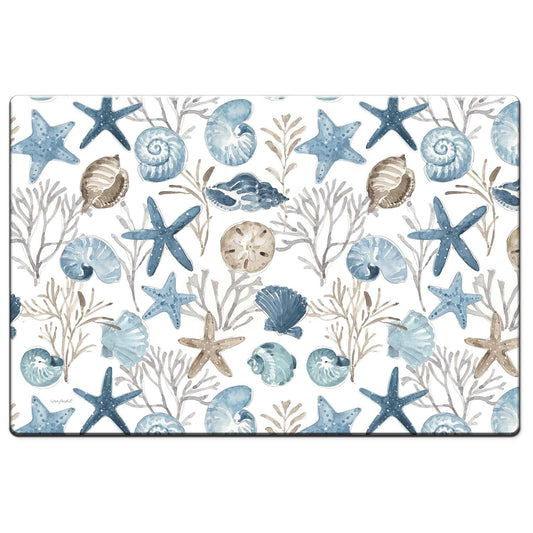 CounterArt Blue Shells 30” x 20” Decorative Vinyl Floor Mat Manufactured in The USA Waterproof Easy to Clean Textured Vinyl Backing
