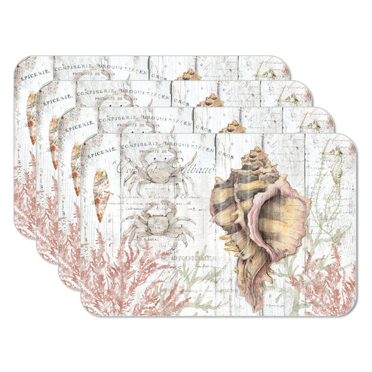 CounterArt Shoreline Shells 4 Pack Reversible Easy Care Flexible Plastic Placemats Made in The USA BPA Free, Easily Wipes Clean