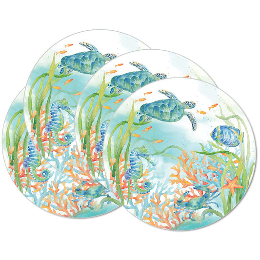 CounterArt Sea Life Serenade 4 Pack Round Reversible Easy Care Placemats Made in The USA