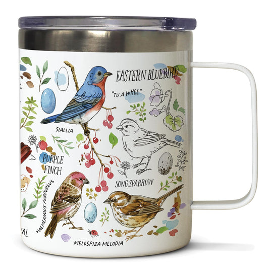 Highland Home Drawn to Birds Decorative Stainless Steel Insulated Travel Mug with Lid and Handle 12 oz. Manufactured in the USA Dishwasher Safe