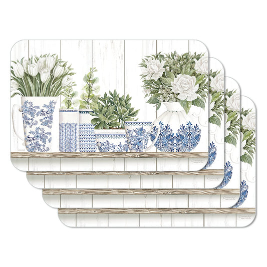 CounterArt Blue & White Pottery 4 Pack Reversible Easy Care Flexible Placemats Made in the USA