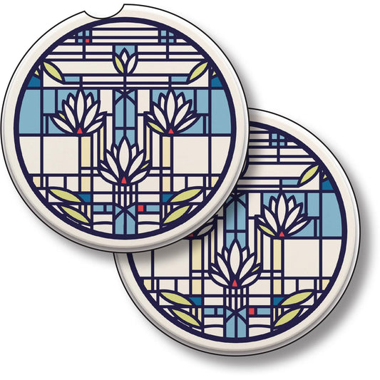 Waterlilies Design from Frank Lloyd Wright Foundation on 2-Pack Absorbent Stone Car Coasters 2.6” Diameter Manufactured in The USA