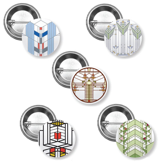 Frank Lloyd Wright 5 Piece Button Collection Art Glass Designs 1.5” Diameter Manufactured in the USA