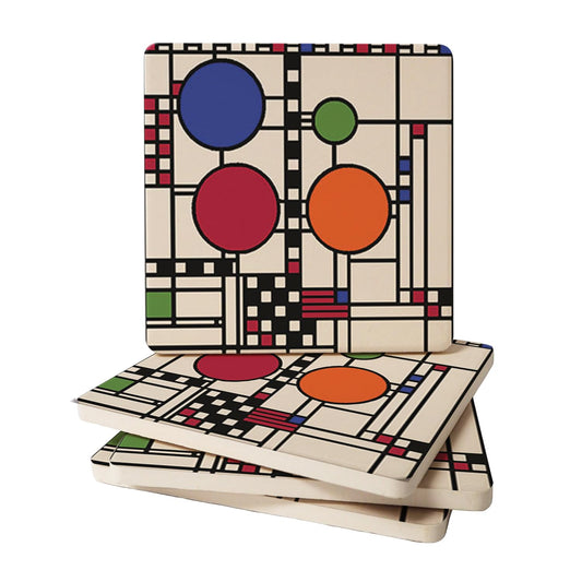 Coonley Playhouse Window Collection Design from Frank Lloyd Wright Foundation on 4-Pack Absorbent Stone Square Coasters with Protective Cork Backing Manufactured in The USA