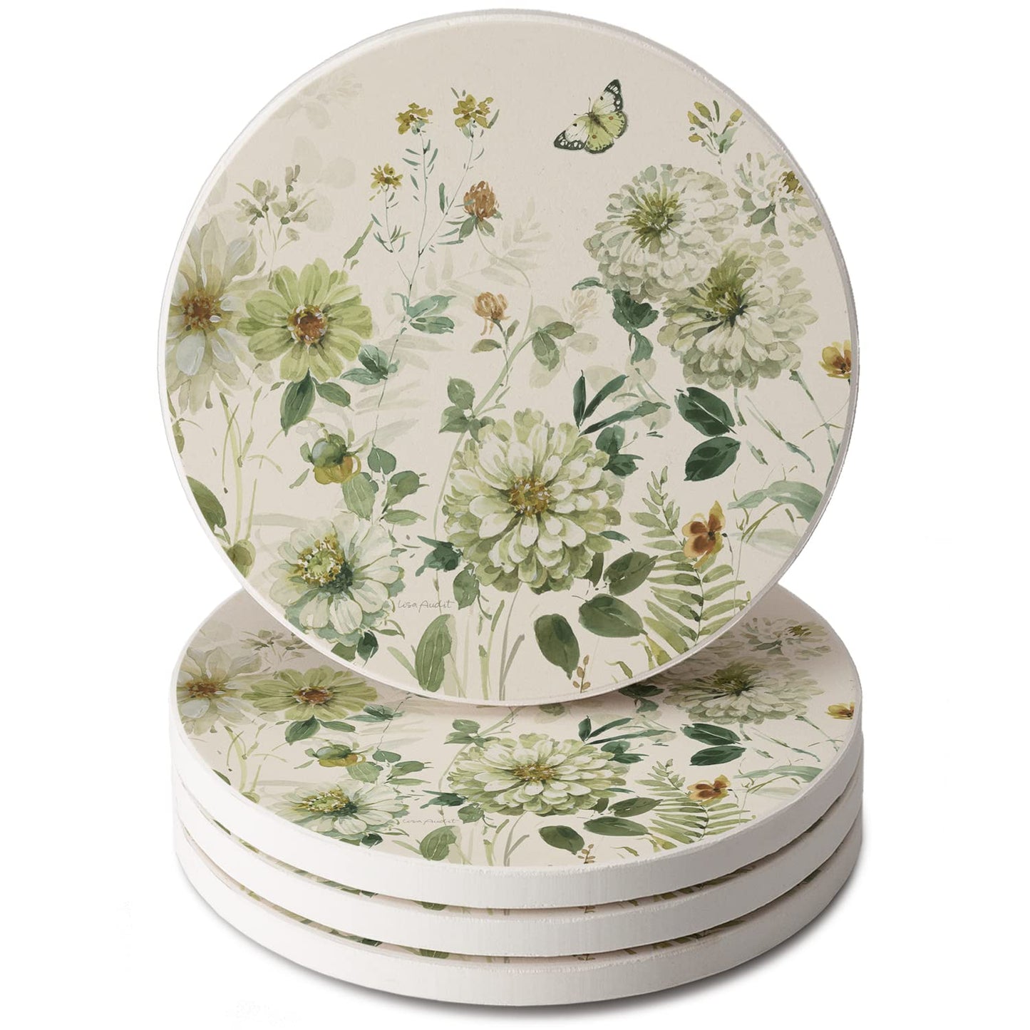 Thirstystone Green Fields 4 Pack Round Absorbent Stone Coasters 4" Diameter Manufactured in the USA