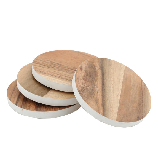 Thirstystone 4 Pack Natural Acacia Wood with White Edges 4" Round Protective Feet Included Easily Wipes Clean