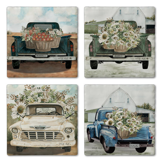Thirstystone Flower Truck 4 Pack Assorted Tumbled Tile Stone Coasters 4" Square