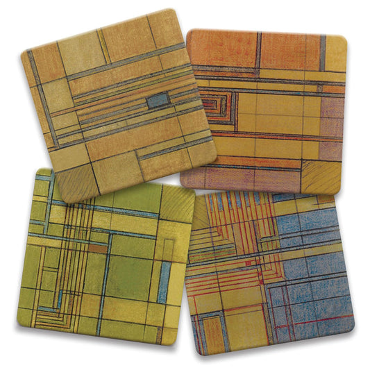 Hillside Rug Assorted Designs by Frank Lloyd Wright 4-Pack Stone Coasters with Protective Cork Backing Manufactured in The USA Absorbent Easily Wipes Clean