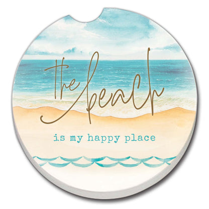 Thirstystone Beach-Happy Place Single Absorbent Stone Coaster for Vehicle Cup Holder 2.6” Diameter Manufactured in The USA