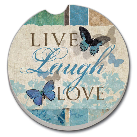 CounterArt Live Laugh Love Single Absorbnent Stone Coaster for Vehicle Cup Holder 2.6” Diameter Manufactured in The USA
