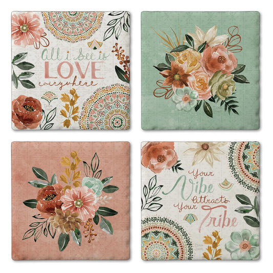 Thirstystone Love Everywhere 4-Pack Absorbent Tumbled Tile Stone Coasters 4" Square