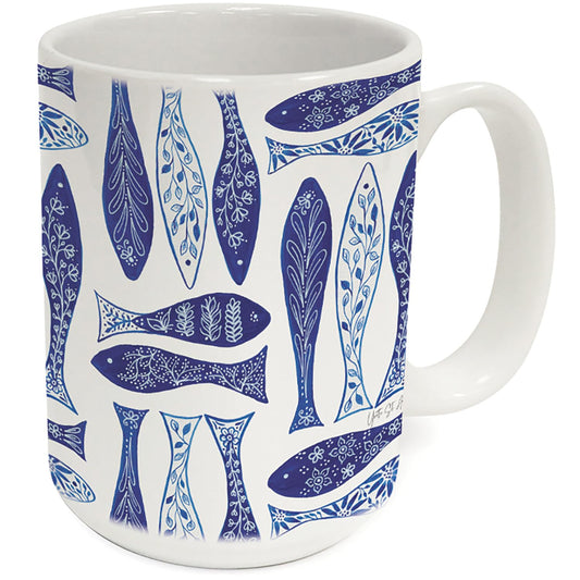 Highland Home Blue Fish 15 oz. Ceramic Mug Manufactured in the USA Dishwasher Safe Microwave Safe