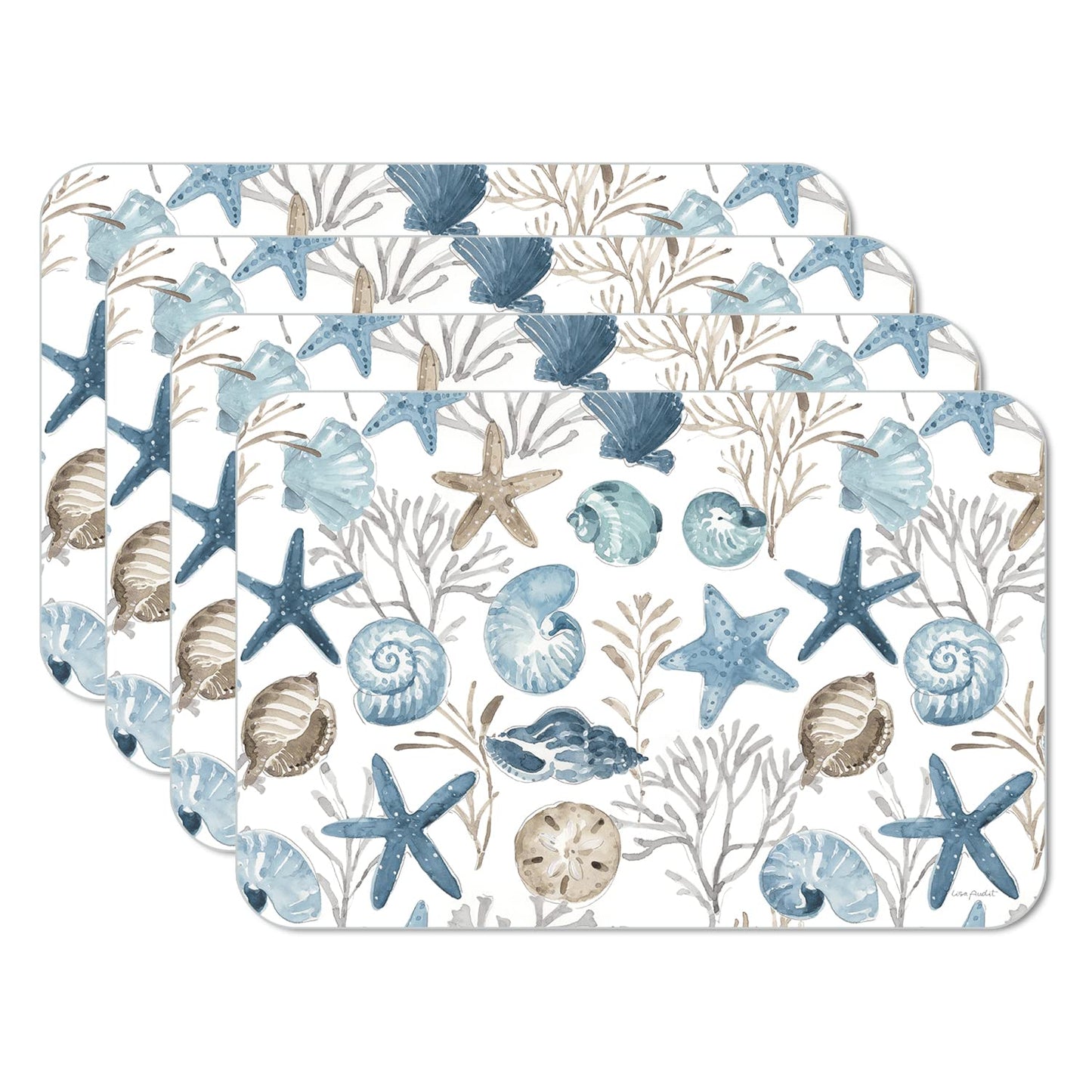CounterArt Blue Escape Seashells 4 Pack Reversible Easy Care Flexible Placemats Made in the USA