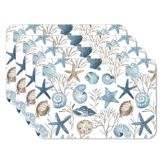 CounterArt Blue Escape Seashells 4 Pack Reversible Easy Care Flexible Placemats Made in the USA