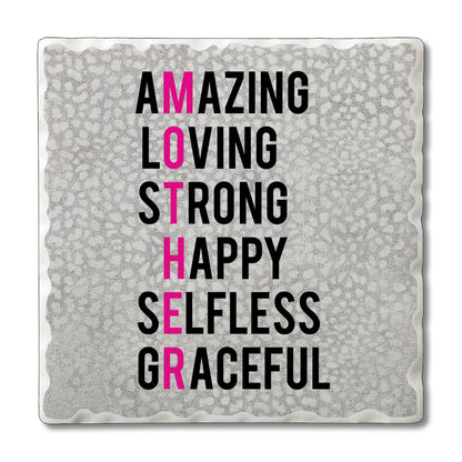 Thirstystone Mother Acronym 4-Pack Absorbent Stone Tumbled Tile Coasters with Protective Cork Backing 4" Square Manufactured in The USA Artistic Absorbent Easily Wipes Clean