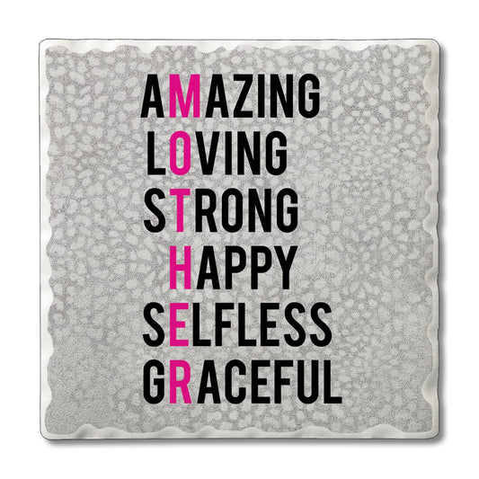 Thirstystone Mother Acronym 4-Pack Absorbent Stone Tumbled Tile Coasters with Protective Cork Backing 4" Square Manufactured in The USA Artistic Absorbent Easily Wipes Clean