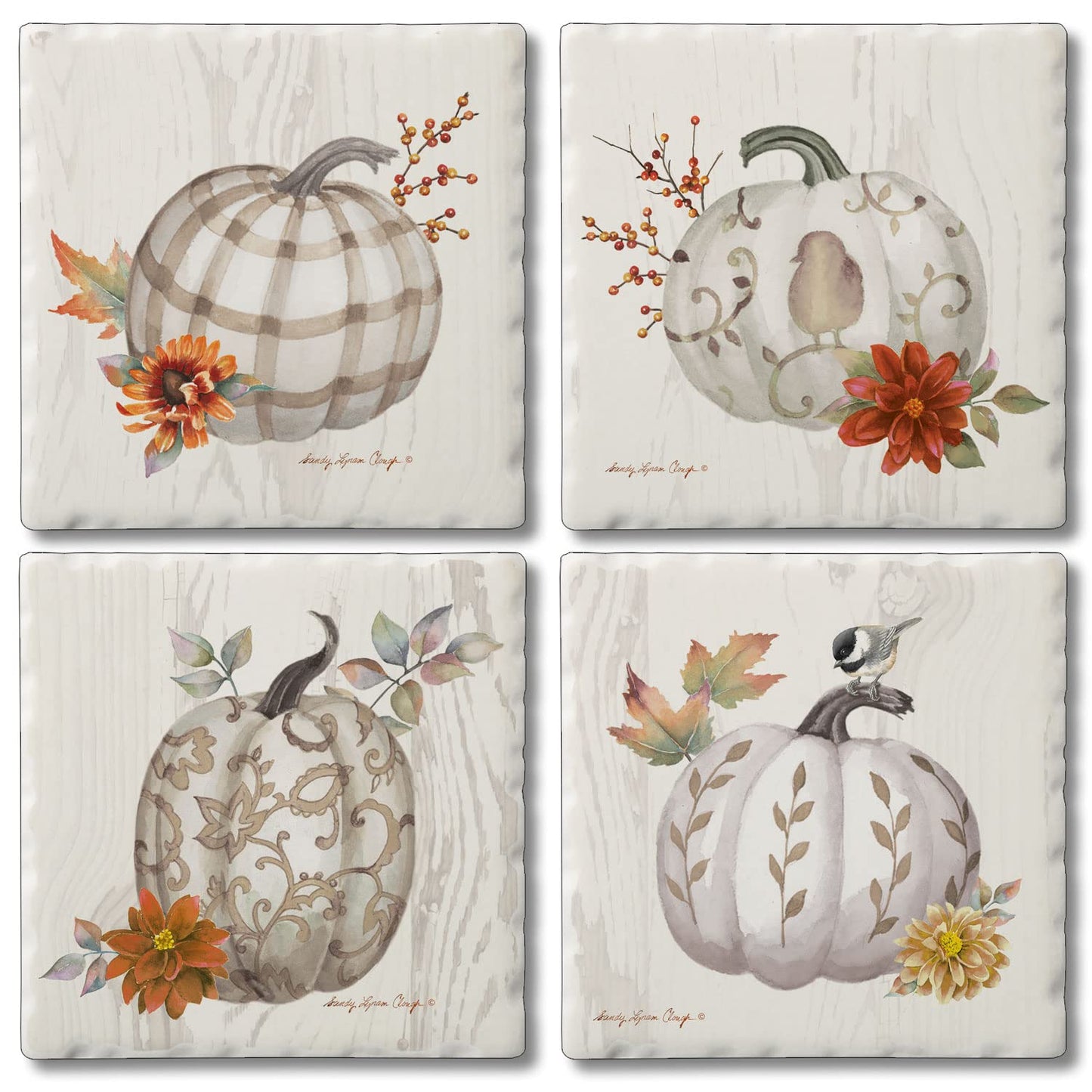 Thirstystone Fall Pumpkins 4 Pack Assorted Tumbled Tile Stone Coasters 4" Square