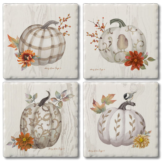 Thirstystone Fall Pumpkins 4 Pack Assorted Tumbled Tile Stone Coasters 4" Square