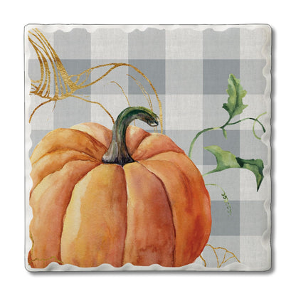 Thirstystone Grey Plaid Pumpkin Single Tumbled Tile Stone Coaster with Protective Cork Backing Manufactured in The USA 4" Square, Colorful, Artistiic, Easily Wipes Clean