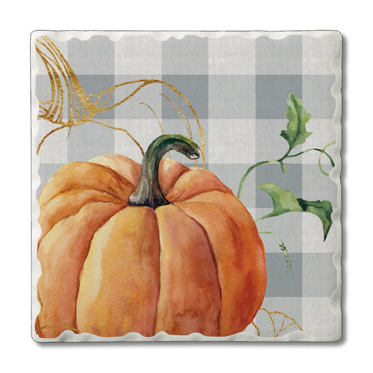 Thirstystone Grey Plaid Pumpkin Single Tumbled Tile Stone Coaster with Protective Cork Backing Manufactured in The USA 4" Square, Colorful, Artistiic, Easily Wipes Clean
