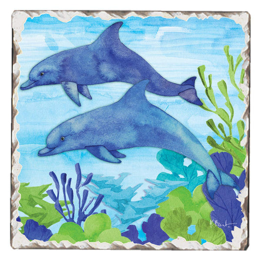 Thirstystone Dolphin Duo Single Tumbled Tile Stone Coaster with Protective Cork Backing Manufactured in The USA 4" Square, Colorful, Artistiic, Easily Wipes Clean
