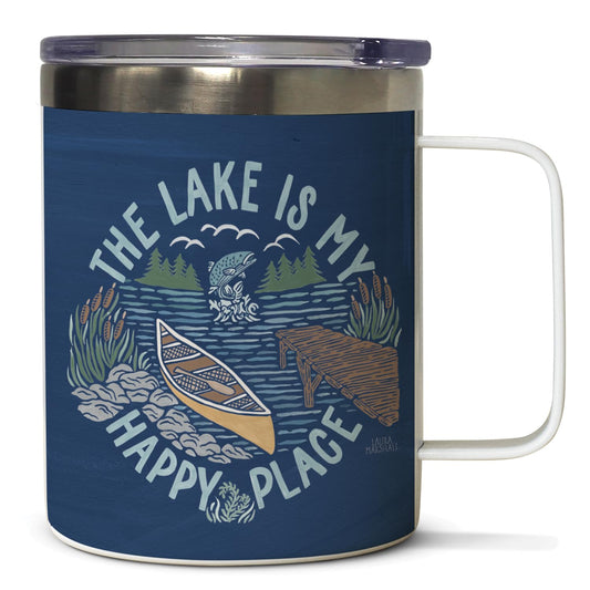 Highland Home Decorative Stainless Steel Insulated Travel Mug with Lid and Handle 12 oz. Manufactured in the USA Dishwasher Safe (Lakeside Days)