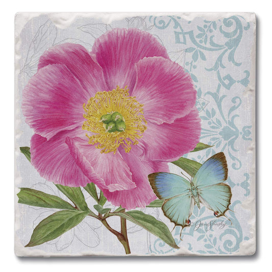 Thirstystone Peony Single Tumbled Tile Stone Coaster with Protective Cork Backing Manufactured in The USA 4" Square, Artistic, Easily Wipes Clean