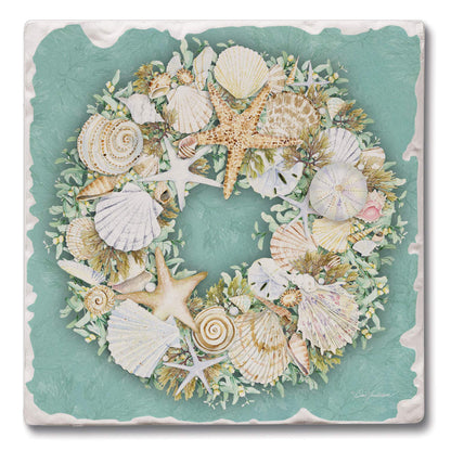 CounterArt Coastal Wreath 4 Pack Tumbled Tile Stone Coasters 4" Square Manufactured in the USA