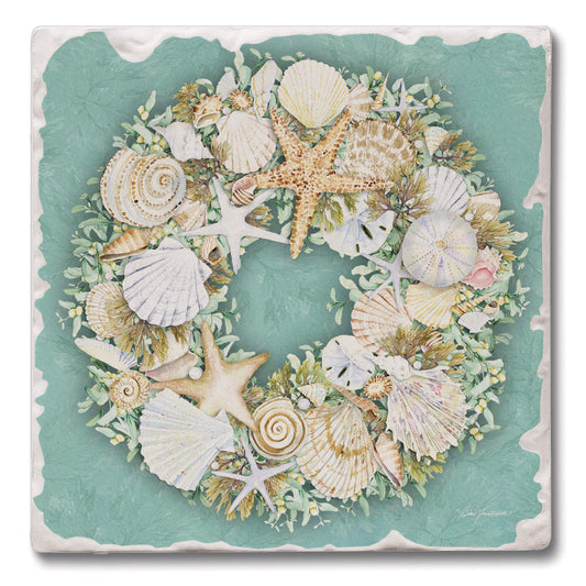 CounterArt Coastal Wreath 4 Pack Tumbled Tile Stone Coasters 4" Square Manufactured in the USA