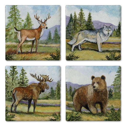 Thirstystone Mountain Lodge Animals 4-Pack Tumbled Tile Stone Coasters 4" Square