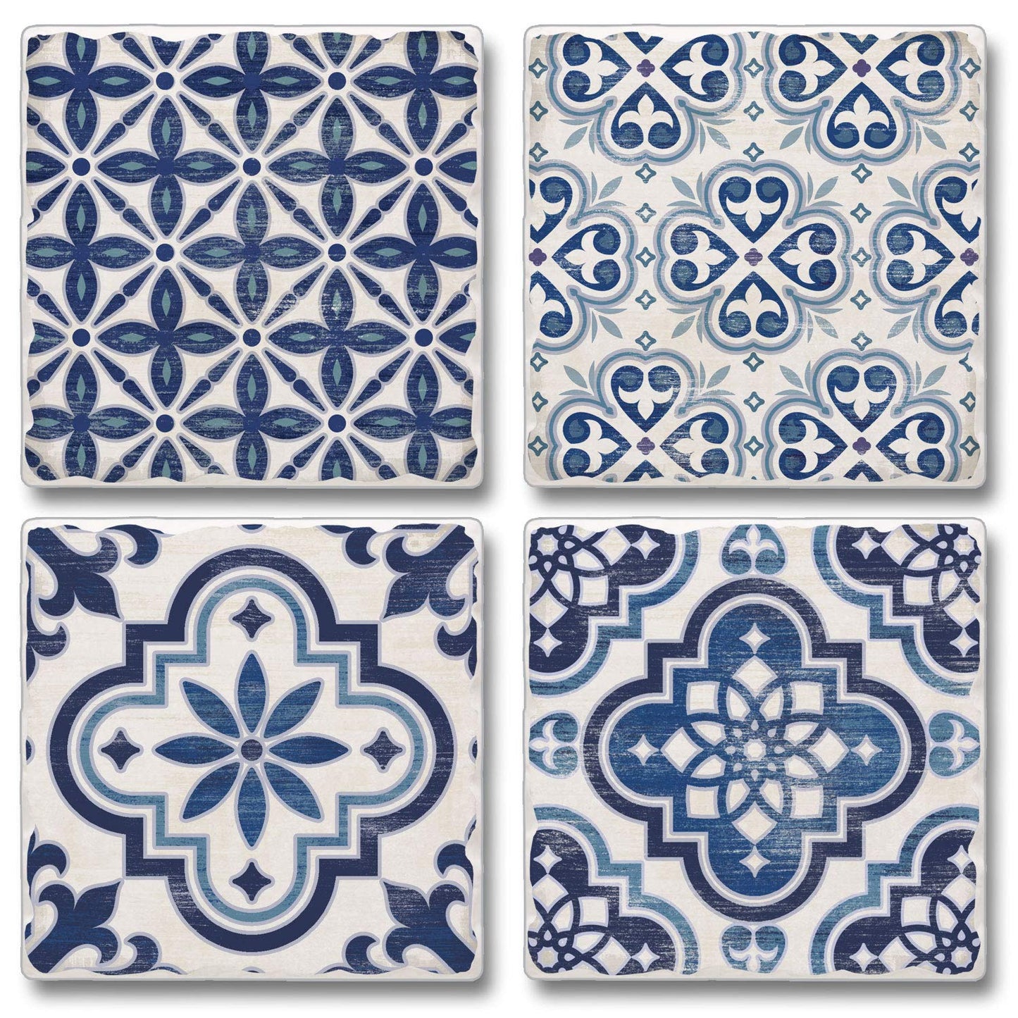 Thirstystone 4-Pack Assorted Blue & White Tile Tumbled Tile Coasters 4" Square