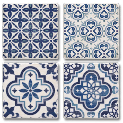 Thirstystone 4-Pack Assorted Blue & White Tile Tumbled Tile Coasters 4" Square