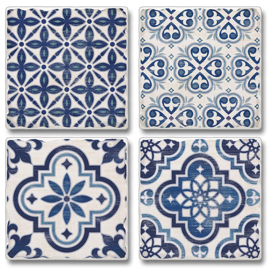 Thirstystone 4-Pack Assorted Blue & White Tile Tumbled Tile Coasters 4" Square