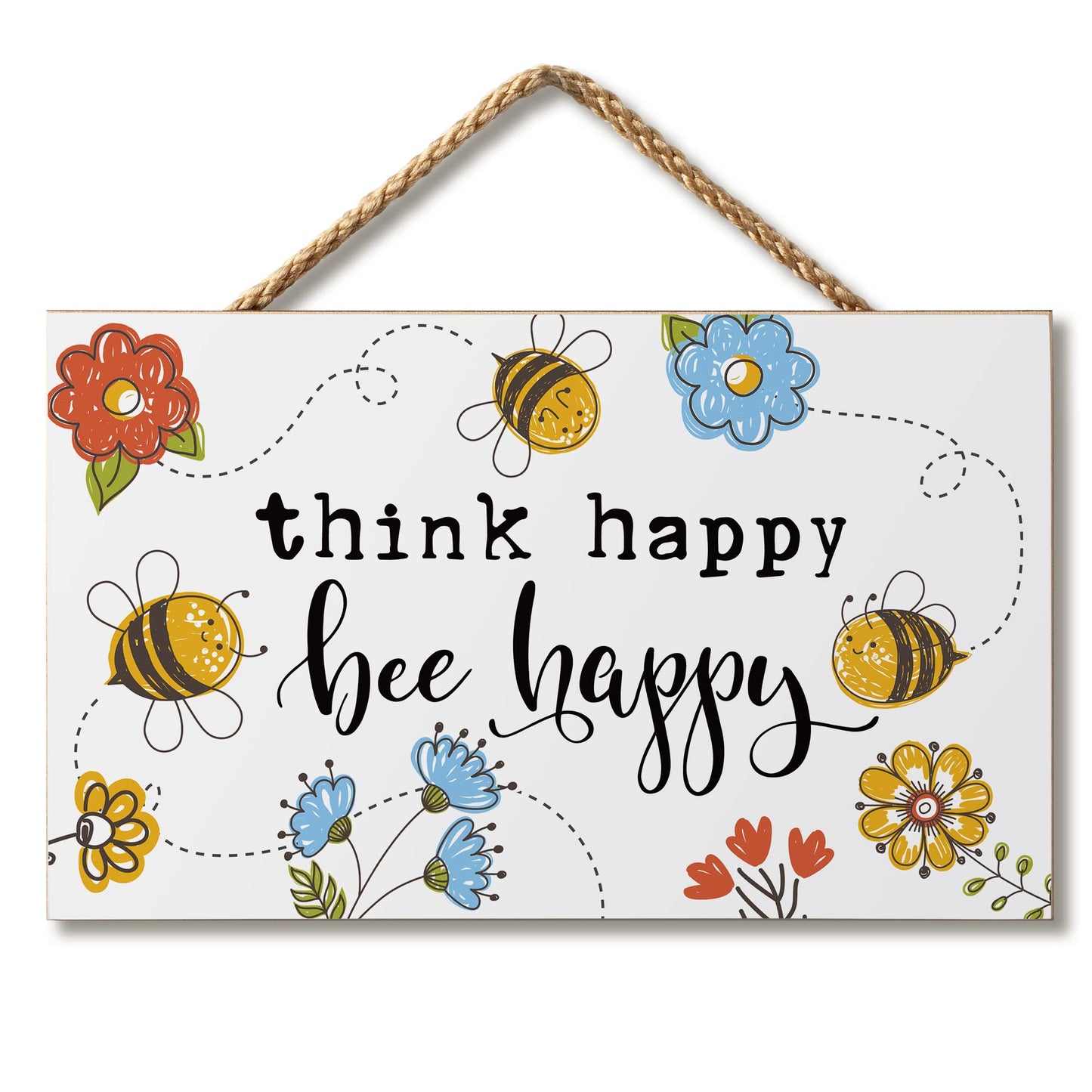 CounterArt Think Happy Bee Happy Decorative Hanging Wood Wall Sign 9.5" by 5.75" Made in the USA Features Braided Rope Hanger