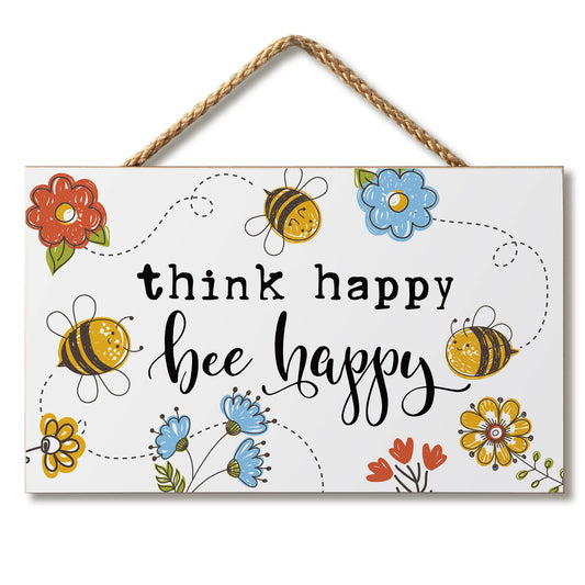 CounterArt Think Happy Bee Happy Decorative Hanging Wood Wall Sign 9.5" by 5.75" Made in the USA Features Braided Rope Hanger