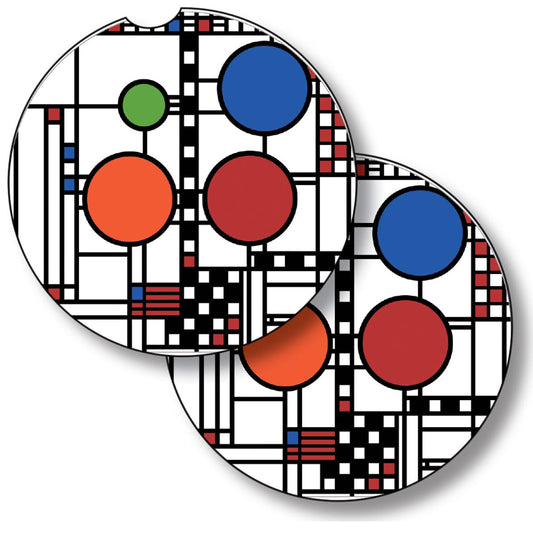 Coonley Playhouse Window Design from Frank Lloyd Wright Foundation on 2-Pack Absorbent Stone Car Coasters 2.6” Diameter Manufactured in The USA