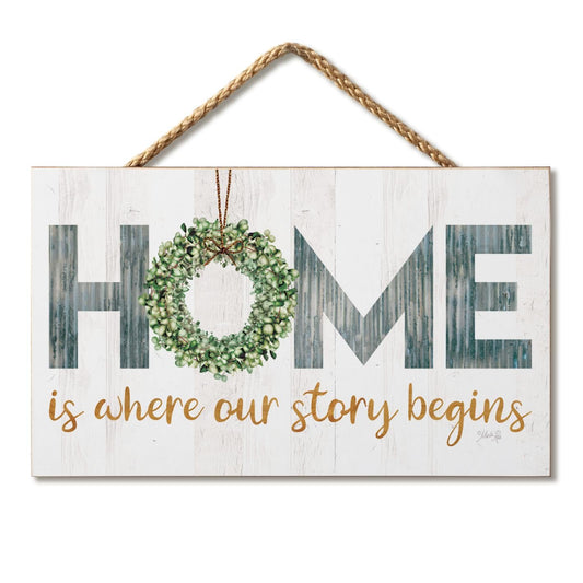 CounterArt Story Begins Decorative Hanging Wood Wall Sign 9.5” by 5.75” Made in the USA Features Braided Rope Hanger