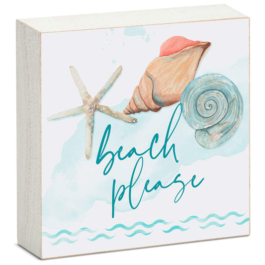 CounterArt "Beach Please Shells" Artistic Solid Wood Block Sign 3.75” x 3.75” Made in the USA For Office or Home Design