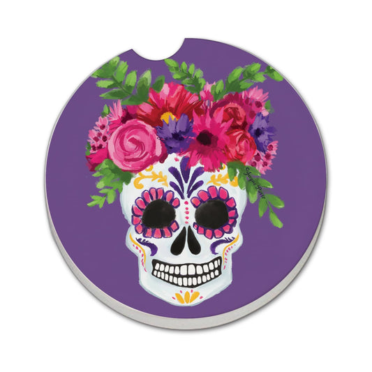 Thirstystone Skull Flowers Single Absorbent Stone Coaster for Vehicle Cup Holder 2.6” Diameter Manufactured in The USA