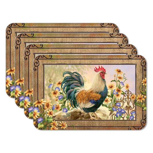 Counterart Country Charm Rooster 4 Pack Reversible Easy Care Flexible Plastic Placemats Made in The USA BPA Free Easily Wipes Clean