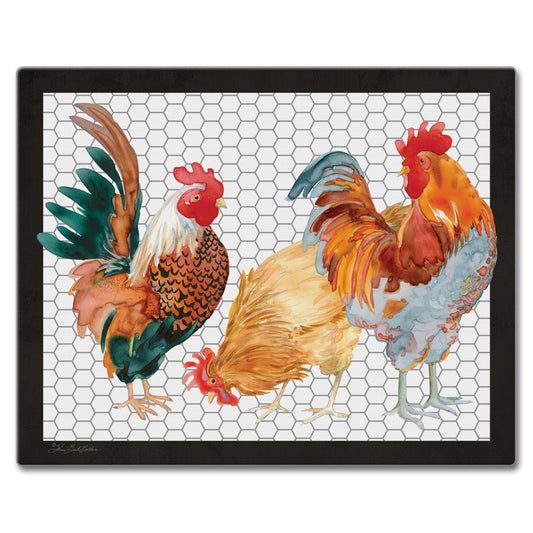 CounterArt Whimsical Roosters 3mm Tempered Glass Cutting Board 15" x 12" Manufactured in the USA